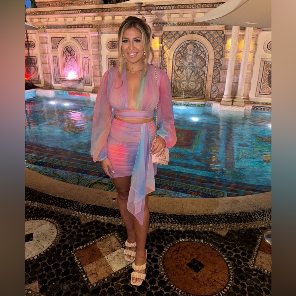 Michael Costello x Revolve Adia top and bottom in sunset ombré